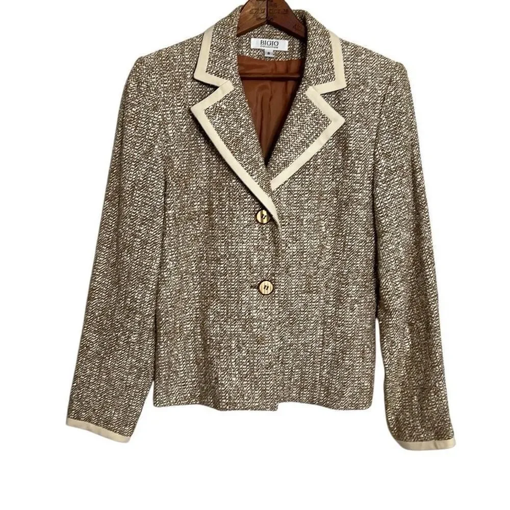 Bigio Collection Tweed Two Button Notch Lapel Fully Lined Blazer Tan‎ Size 8